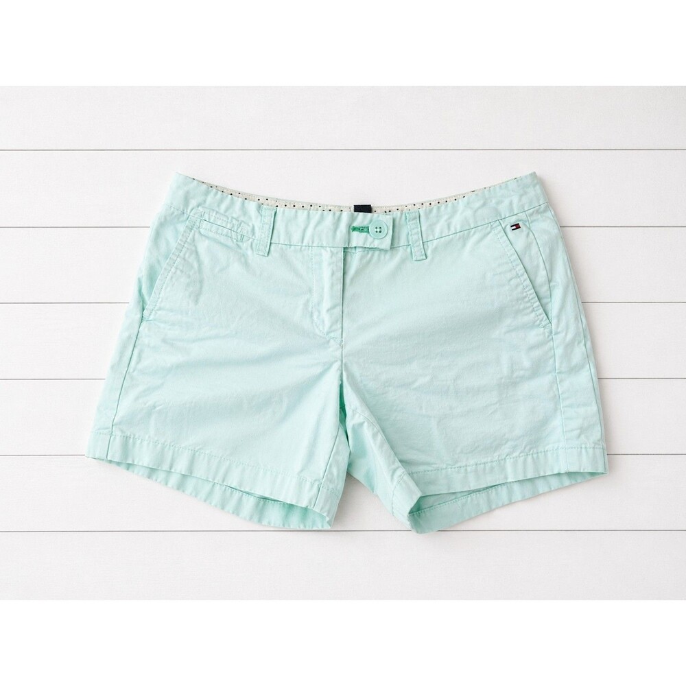 Tommy Hilfiger Womens Mint Green Cotton Shorts Size 4 Y2K Preppy Flag Mid Rise